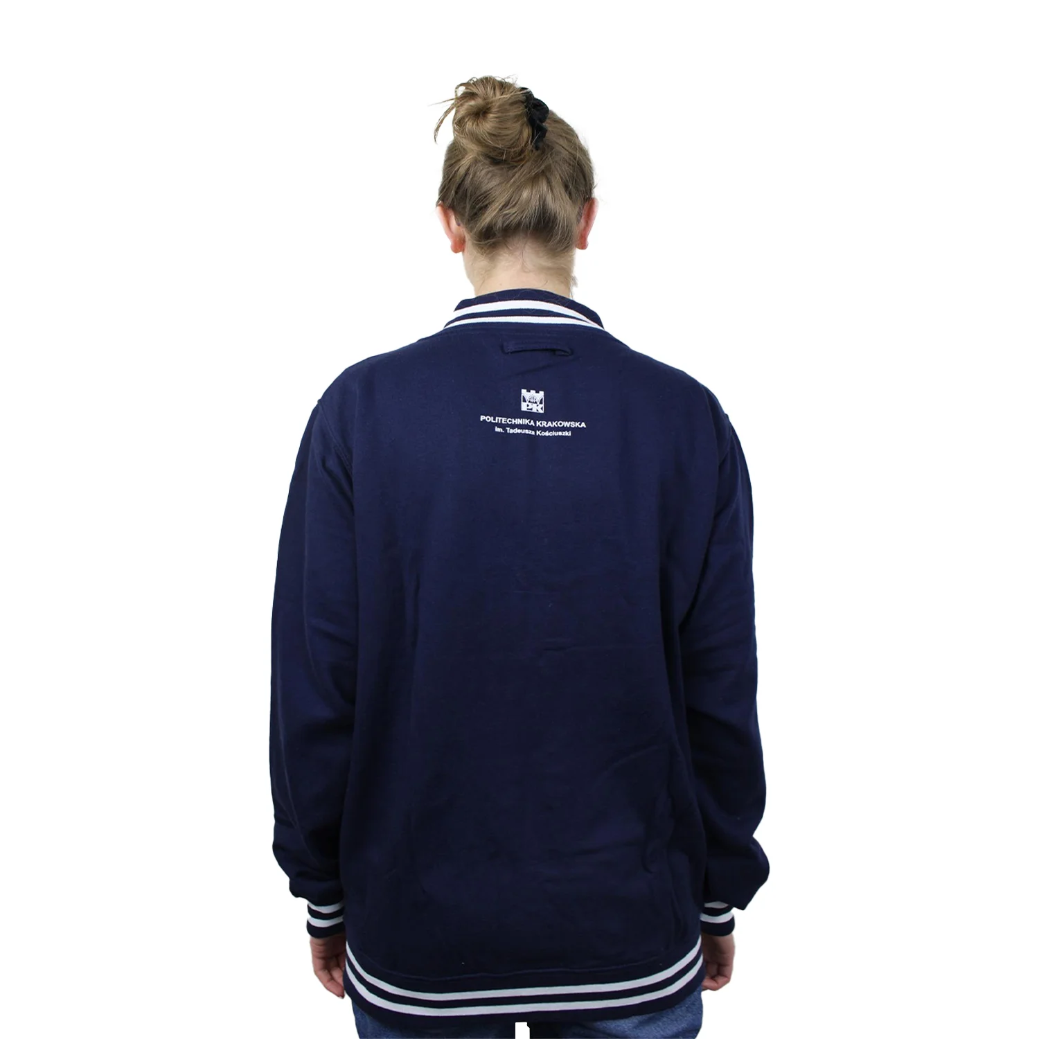 College jacket - Cracow University of Technology Store College sweatshirt with Cracow University of Technology logo on model - rear view