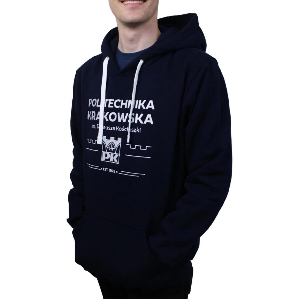 Strona Główna - Sklep Politechniki Krakowskiej Bluza z kapturem z logo Politechniki Krakowskiej na modelu - widok z przodu