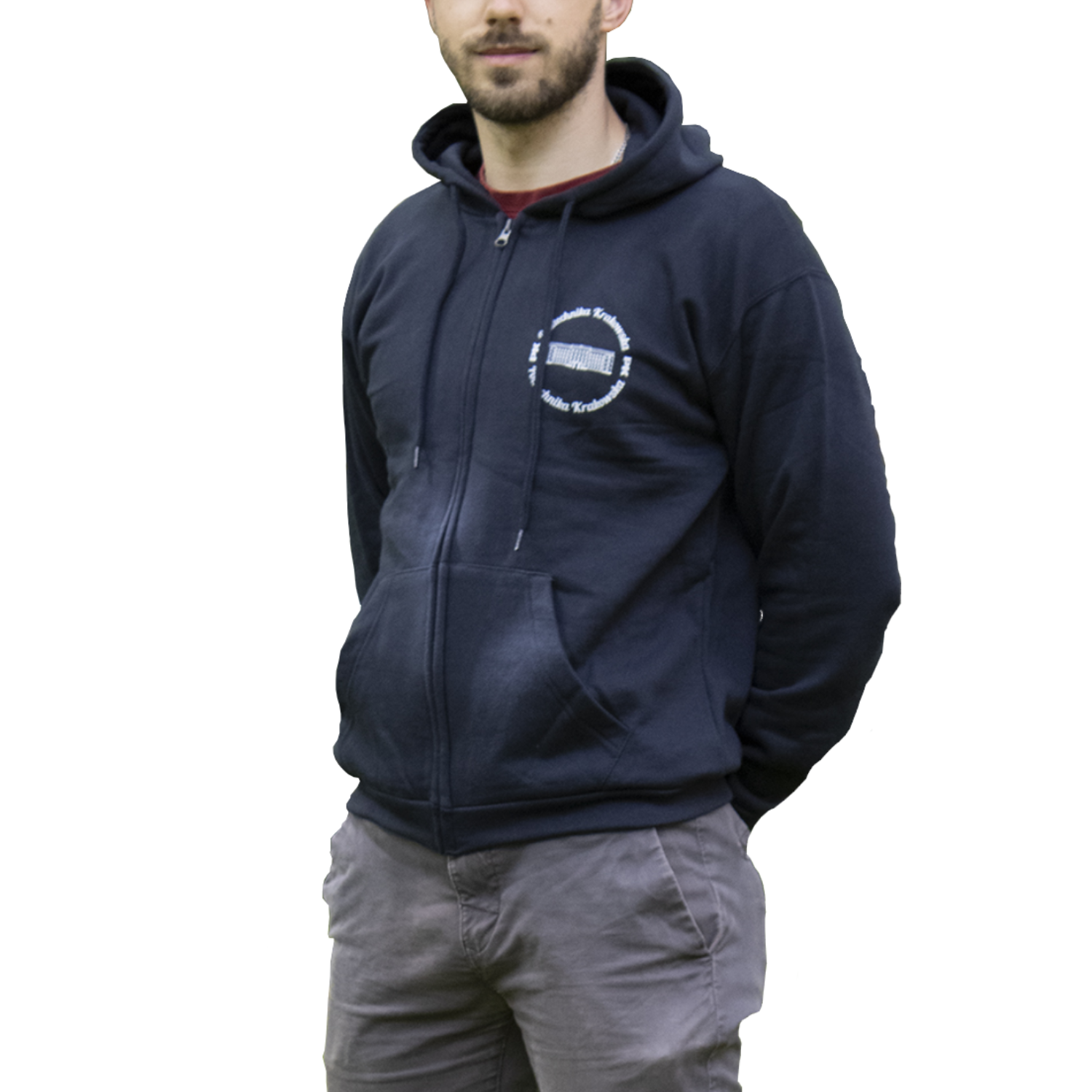 Zip-up hoodie - Cracow University of Technology Store Zip-up hoodie with the Cracow University of Technology logo on the model - front view