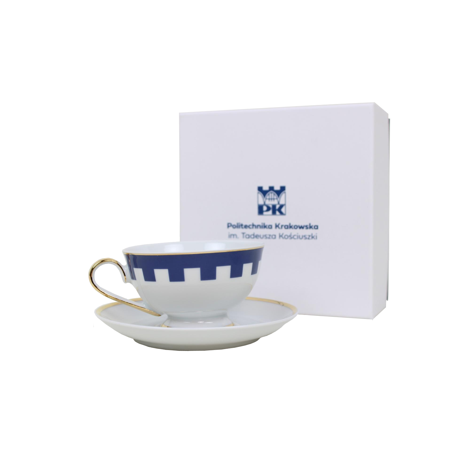 Teacup and saucer in a decorative box. - Cracow University of Technology Store Teacup and saucer with Cracow University of Technology logo in a decorative box - cup before box, view of cup is sharp