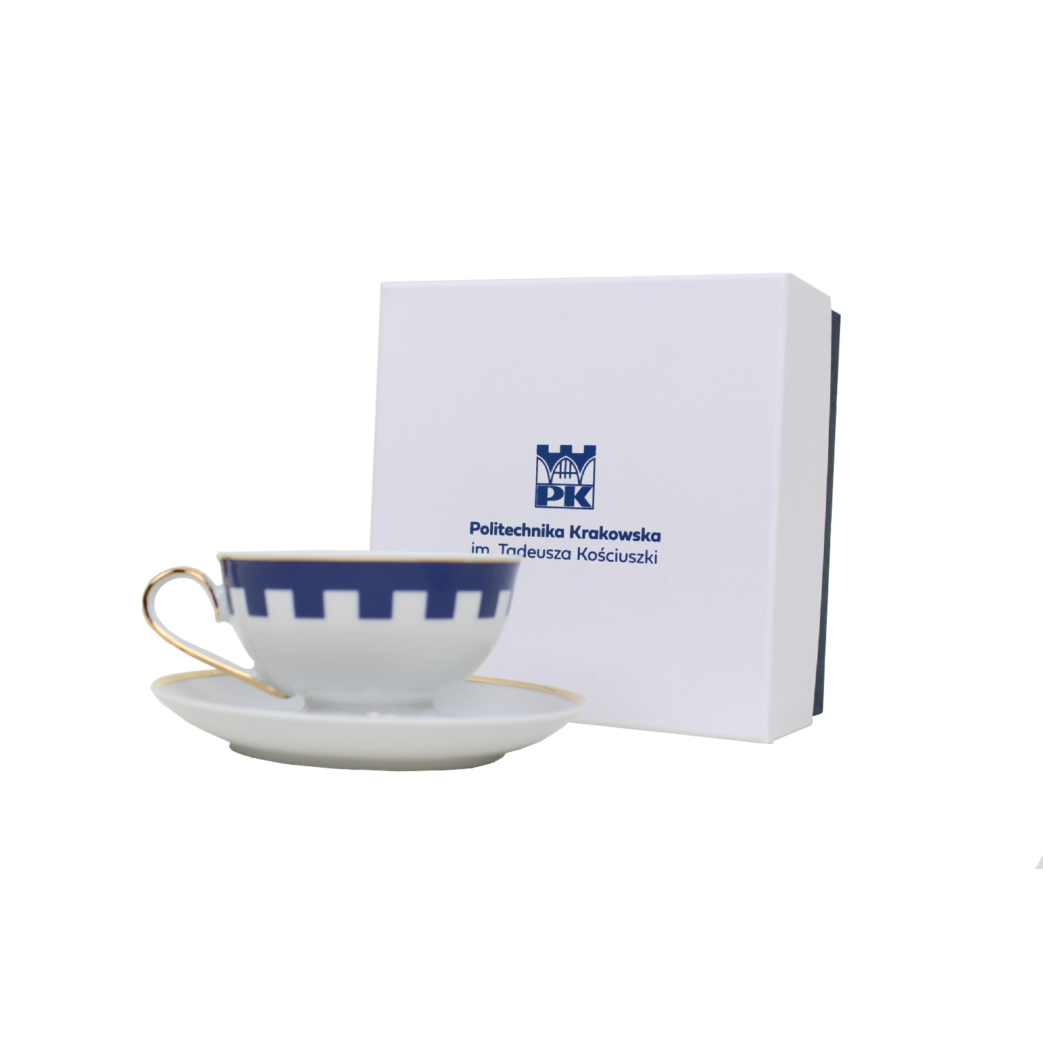 Teacup and saucer in a decorative box. - Cracow University of Technology Store Teacup and saucer with Cracow University of Technology logo in a decorative box - cup before box, the view of box is sharp