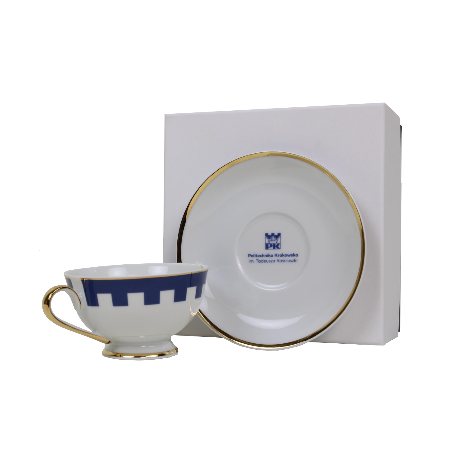 Teacup and saucer in a decorative box. - Cracow University of Technology Store Teacup and saucer with Cracow University of Technology logo in a decorative box - cup and saucer before box