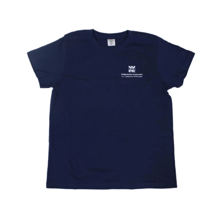 Graphic tee with Cracow University of Technology logo navy blue - unfolded front view