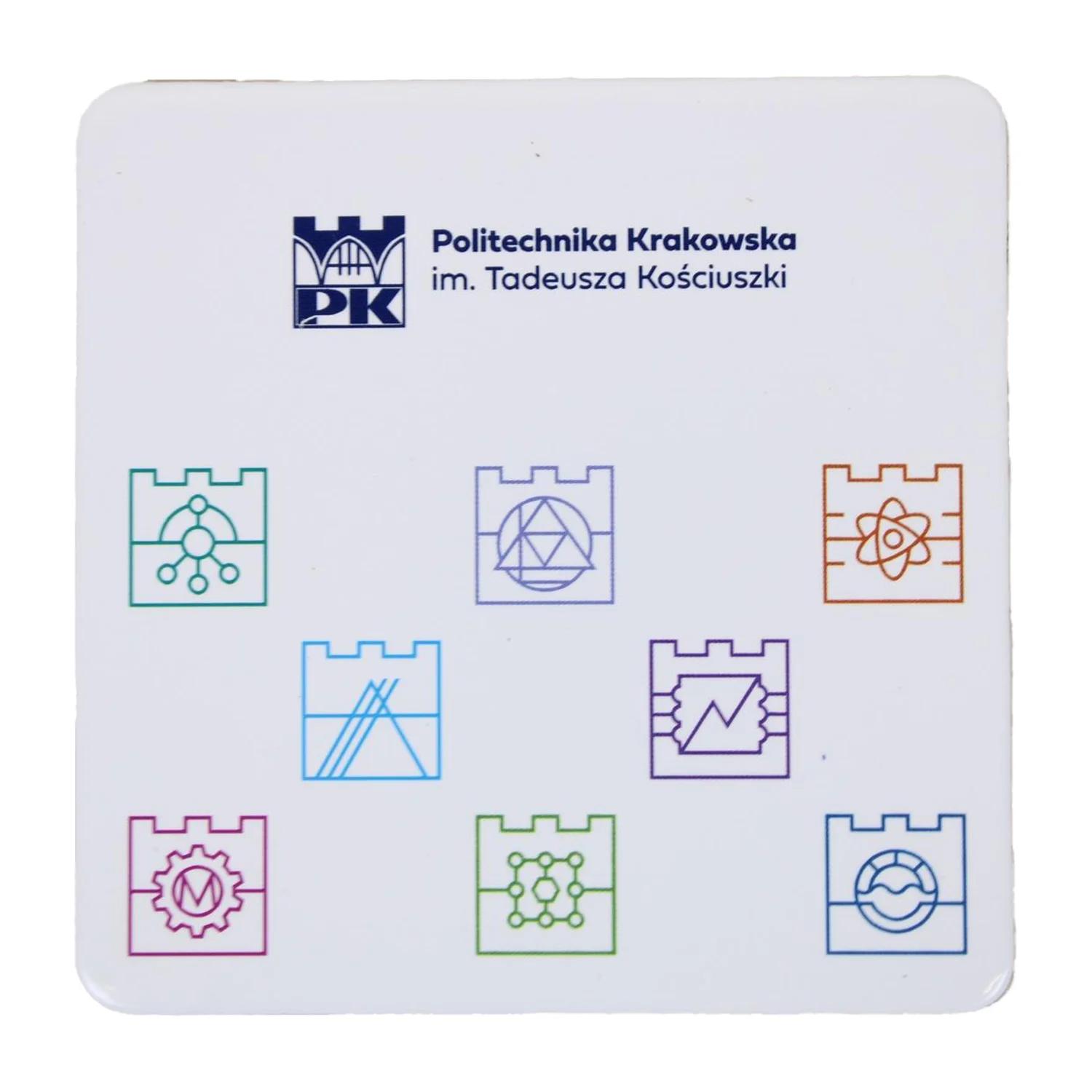 Podstawka korkowa - Sklep Politechniki Krakowskiej Podstawka korkowa z motywem Politechniki Krakowskiej - biała z logo wydziałów