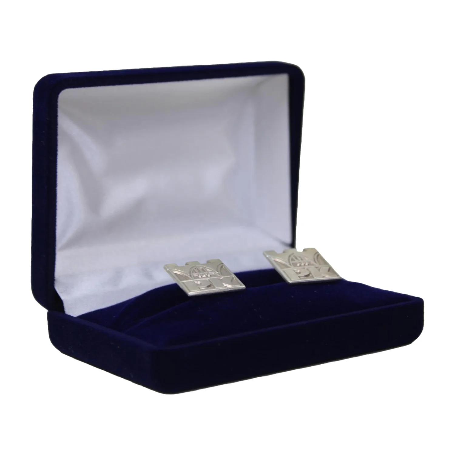 Cufflinks (S) - Cracow University of Technology Store Silver cufflinks in the shape of the Cracow University of Technology logo - cufflinks in a box, side view