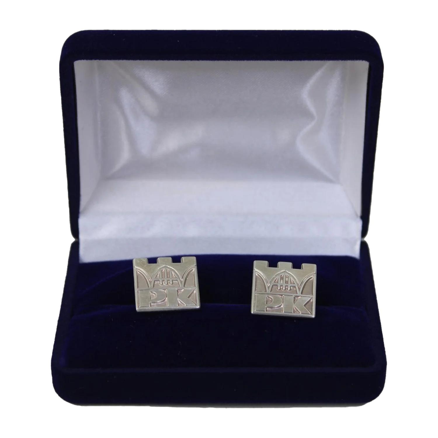 Cufflinks (S) - Cracow University of Technology Store Silver cufflinks in the shape of the Cracow University of Technology logo - cufflinks in a box, front view