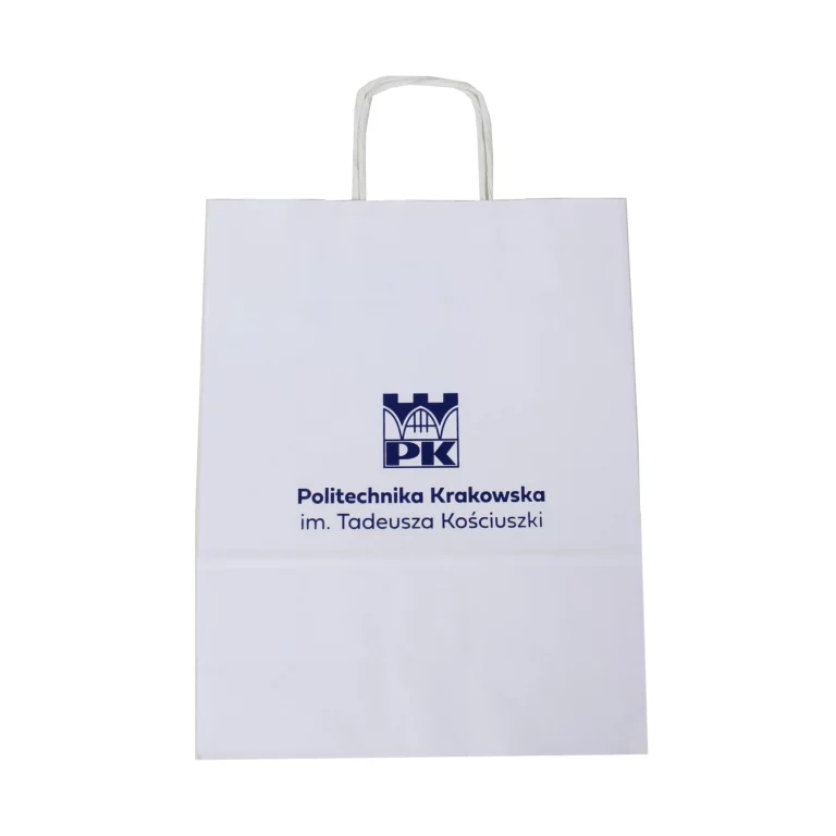 Torba papierowa biała A4 z logo Politechniki Krakowskiej - rozłożona na płasko