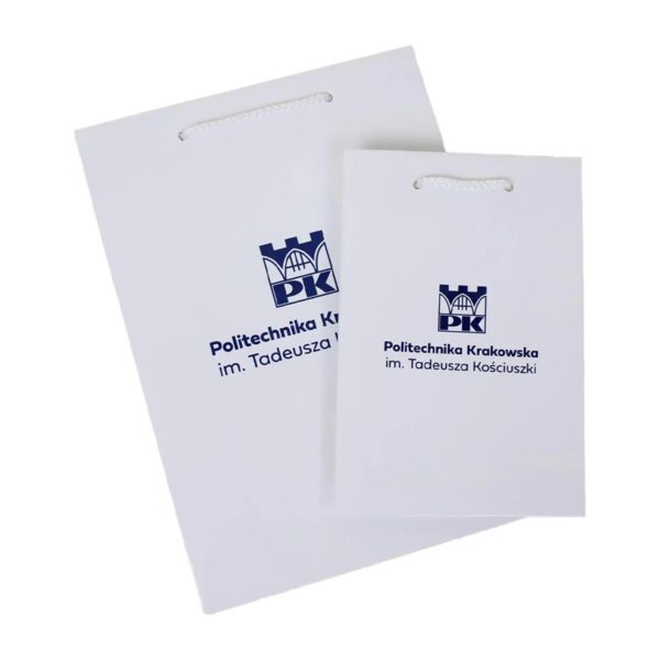 Torby lakierowane exclusive białe z logo Politechniki Krakowskiej - A4 i A5